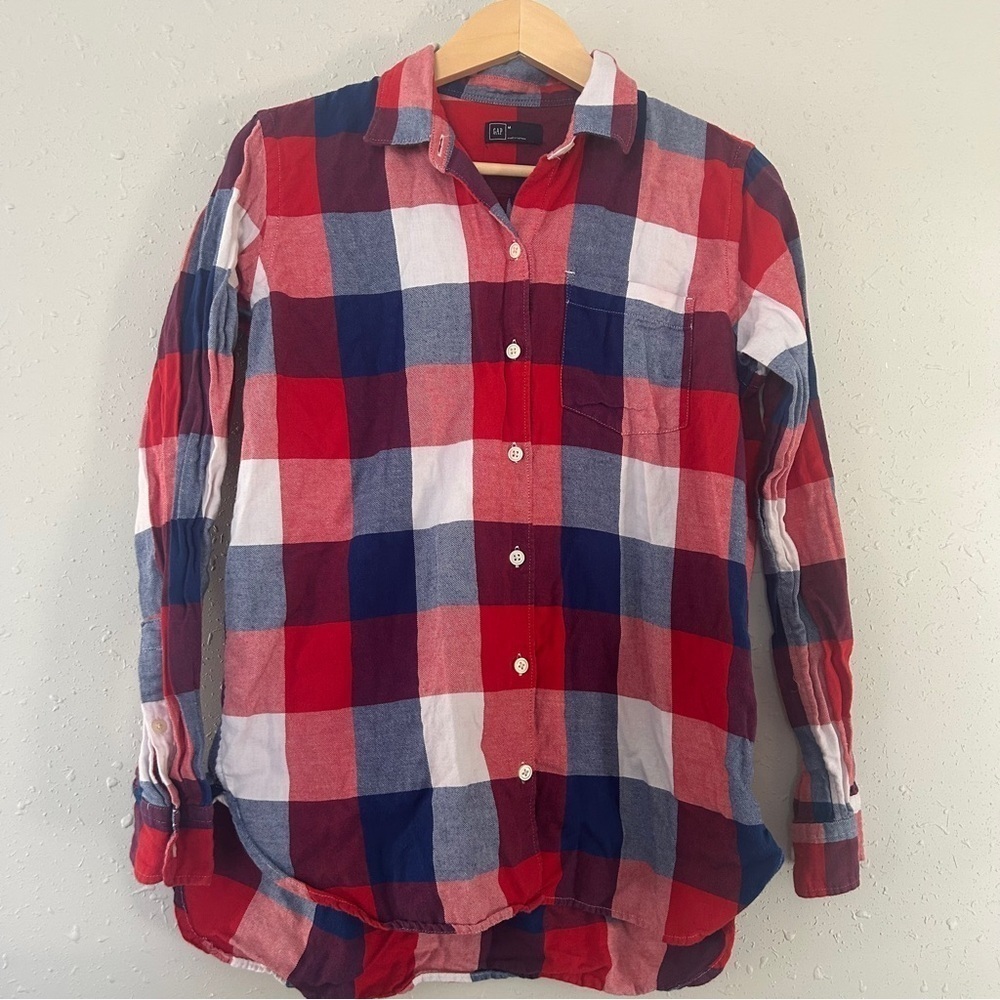 GAP Red White Blue Long Sleeve Button Down Flannel Plaid Casual USA America